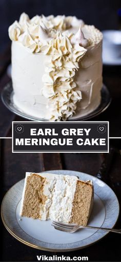 two different types of cake on plates with the words, earl grey meringue cake