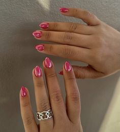 Aesthetic Biab Nails, One Colour Nails Summer, Bright Colours Nails, Short Almond Biab Nails, Bubble Gum Chrome Nails, Short Nail Designs Neon, Short Gel Nails Chrome, Strawberry Chrome Nails, Summer Birthday Nails Almond