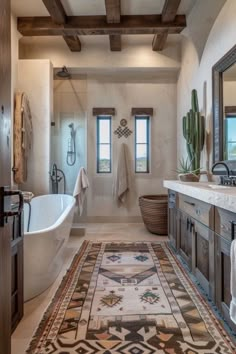 a bath room with a tub a sink and a rug on the floor in front of it