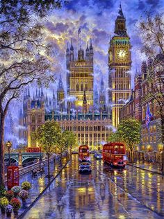 the big ben clock tower towering over the city of london in the rain at night