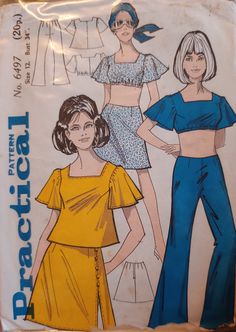 two women's tops and pants are shown in front of the sewing pattern, which is