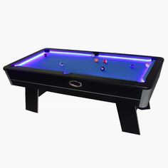 a black pool table with blue lights on the top and bottom edge, in front of a white background