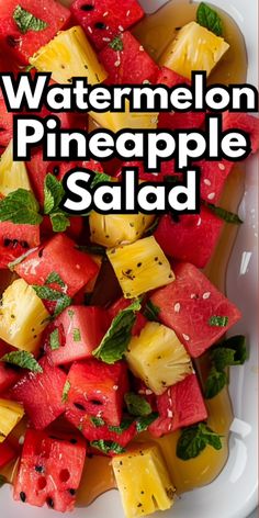 watermelon pineapple salad on a white plate