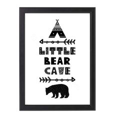 a black and white poster with the words little bear cave on it's side