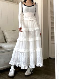 Stunning French Layers Embroidery Ruffle A-line Skirt Dress Amazing Specifications (approx) Size (cm) : S-M-L Length : 80-90-100 Waist (elastic) : 56-100 Lining : 70-80-90 Color : white Skirts Aesthetic Outfit, Old Fashioned Outfits, South Korea Spring, Coquette Dresses, Skirts Aesthetic, Ruffle Long Skirt, Long White Skirt, Korean Fashion Cute, Girly Summer Outfits