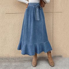 Season:Autumn / Fall,Winter; Fabric:Denim; Dress Length:Maxi; Gender:Women's; Style:Casual,Fashion; Occasion:Going out,Daily,Street,Date; Fit Type:Regular Fit; Waistline:High Waist; Pattern:Solid Colored; Design:Ruffle; Pants Type:Skirt,A Line,Swing; Front page:FF; Listing Date:10/17/2023 Casual Denim Skirt, Plain Skirt, Comfy Skirt, Long Jean Skirt, Moda Denim, Denim Skirt Outfits, Rock Outfit, Mode Jeans, Denim Patterns