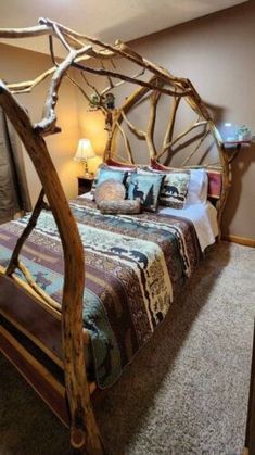 a bed made out of branches in a room with carpeted flooring and walls