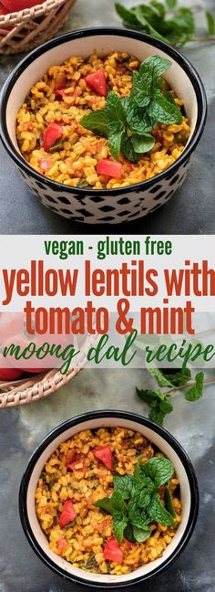 two bowls filled with yellow lentils and tomatoes, next to a basket full of basil leaves