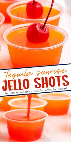 orange jello shots in plastic cups with a cherry on top and text overlay that reads tequila sunrise jello shots