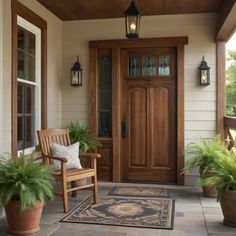 a wooden door sitting next to a brown chair on top of a stone floor covered in potted plants