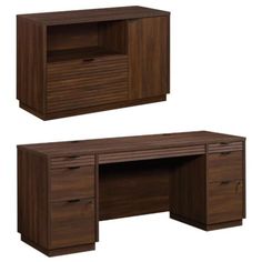 two wooden desks side by side with drawers