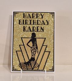 a happy birthday card with a woman in a dress and the words, happy birthday kareen