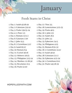 January Bible Reading Plan - Fresh Starts in Christ January Bible Reading Plan, December Bible Reading Plan, December Scripture Writing Plan, Bible Reading Plan For Women, Daily Bible Scriptures, Daily Bible Reading Plan, Year Bible Reading Plan, Bible Study Worksheet, Scripture For Today