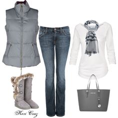 Blue Boots Outfit Winter, Grey Puffy Vest Outfit, Vest Outfits For Women Fall, Blue Boots Outfit, Grey Vest Outfit, Puffy Vest Outfit, Winter Skies, Gray Vest, Lovely Pictures