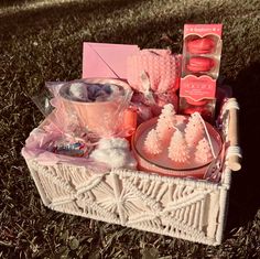 a basket filled with lots of pink items on top of a grass covered park area