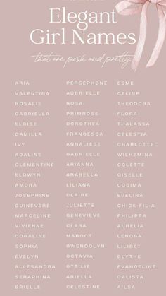 the elegant girl names on a pink background with a white flower in the center and words below