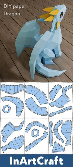 Papercraft Dragon, Little dragon baby paper craft model, PDF template, DIY animal sculpture pattern Origami Diagrams, Origami Dragon, Origami Patterns, Folding Origami, Origami Design, Kraf Diy, Origami Crafts Diy