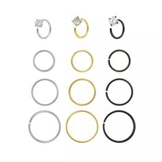 six pairs of rings with different sizes and colors