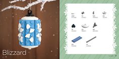 a blue and white paper lantern hanging from a string next to an image of the instructions for how to make it