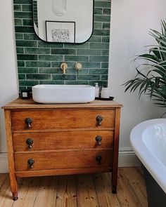 a bathroom with a sink, mirror and bathtub next to a plant in the corner