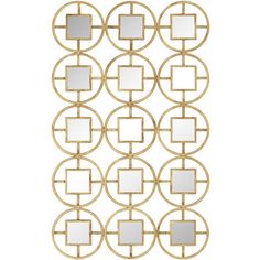 a gold and white wall hanging with mirrors on it's sides, in the shape of circles