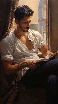 a painting of a man sitting in front of a window reading a book while looking out the window