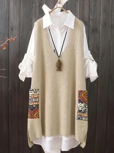 Women'S Plus Size Casual V-Neck Acrylic Knit Dress with Color Block Pattern, Slight Stretch Fabric, and Pocket Details for Spring/Fall Plus Size Pullover, Estilo Boho Chic, Estilo Chic, Plus Size Sweaters, Mua Sắm, Plus Size Casual, Color Khaki, Primavera Estate, Sweater Vest