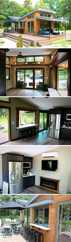 four different views of the inside and outside of a house, including an outdoor kitchen