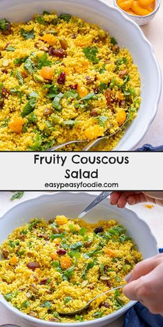 two pictures showing different types of food in white bowls and on top of each other