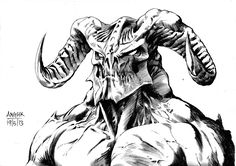 a black and white drawing of an animal with horns