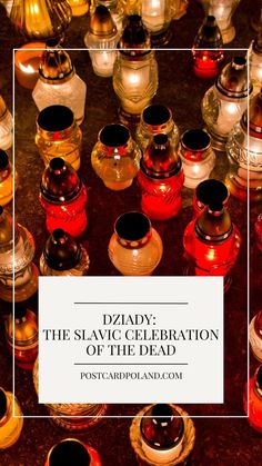 many different colored candles are on display in front of a white square frame with the words, idaho the slavic celebration of the dead