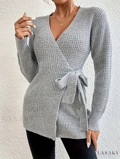 Lasaky – Womens Plus Size Knit Top – Casual Solid Long Sleeve Surplice Neck Sweater with Knot Wrap Design – Lasaky Fashion Boutique Winter Knitted Long Sleeve Tops, Knitted Long Sleeve Sweater, Long Sleeve Knitted Sweater, Winter V-neck Knitted Tops, Winter Knitted V-neck Tops, Fall V-neck Knitted Sweater, Knitted V-neck Top For Winter, Knitted Long Sleeve Tops For Fall, Gray Knitted Sweater For Fall