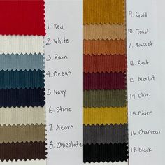 different colors of fabric with names and description