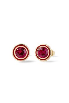 Madison Round Bezel Stud Earrings – Alison Lou Ruby Earrings Gold, Alison Lou, Enamel Stud Earrings, Emerald Blue, Ruby Slippers, 18k Gold Earrings, Ruby Emerald, The Madison, Ruby Earrings