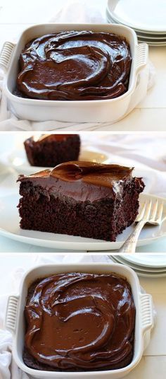 two pictures of a chocolate cake with frosting