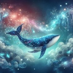 a painting of a blue whale floating in the sky with stars and swirls around it