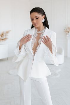 White Tailored Party Set, White Notch Lapel Wedding Sets, Elegant White Suit For Work, White Long Sleeve Tuxedo For Party, White Fitted Blazer For Wedding, White Long Sleeve Blazer For Wedding, White Notch Lapel Sets For Wedding, Elegant White Workwear Suit, Fitted White Party Set