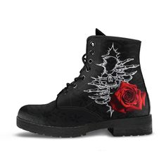 *This design is printed with black lace as the background design (the lace is NOT real fabric lace). All of our Fashion Combat Boots are custom-made-to-order and handcrafted to the highest quality standards. - Made from vegan-friendly faux leather with a double-sided print and rounded toe construction. - Lace-up closure for a snug fit. - Soft textile lining with sturdy construction for maximum comfort. - High-quality rubber outsole for traction and exceptional durability. *Please note that color Romantic Goth Boots, Gothic Boots Women, Fashion Combat Boots, Goth Witch, Gothic Lace, Witch Shoes, Combat Boots Style, Goth Shoes, Witch Boots