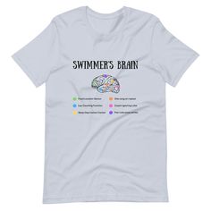 a white t - shirt with the words swimmer's brain in different colors on it