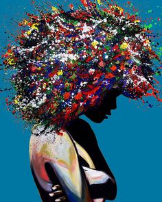 a woman's head is covered in multicolored sprinkles against a blue background