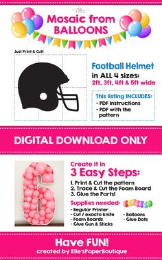 a flyer for a football themed party with balloons and numbers on it, including the number five