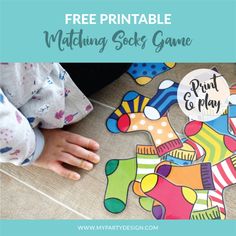 a child playing with matching socks game on the floor and text overlay that reads free printable matching socks game