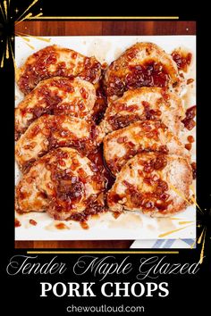 there is a plate of pork chops with sauce on it and text overlay that reads dinner apple glazed pork chops