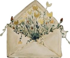 an envelope with flowers in it on a white background