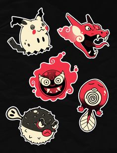 four stickers depicting different types of cartoon characters on a black background, each with their own face and mouth