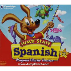 the dvd cover for jump start spanish, with an image of a dog holding a fishing rod