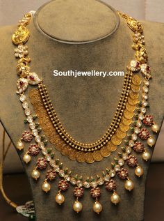 Two Step Floral Kasu Haram Gold Kandoli Designs, Kasula Peru, Kasu Haram, Kasu Mala, 22 Carat Gold Jewellery, Antique Gold Jewelry Indian, Floral Work