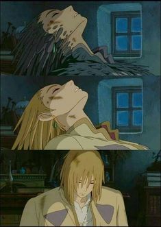 two anime characters are kissing in front of a window