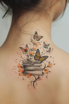 Book Lover Tattoo Ideas For Women, Moon And Book Tattoo, Book With Pages Flying Out Tattoo, Tree And Book Tattoo, The Reader Tattoo Tarot, Books Tatoos Ideas, Mother Dragon Tattoo, Butterfly And Book Tattoo, Tattoo Ideas For Readers