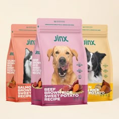 three bags of dog treats are shown in front of each other, including one for dogs and the other for puppies